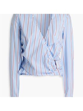 Veronica Beard Light Blue Striped Wrap Blouse with Burgundy Accents
